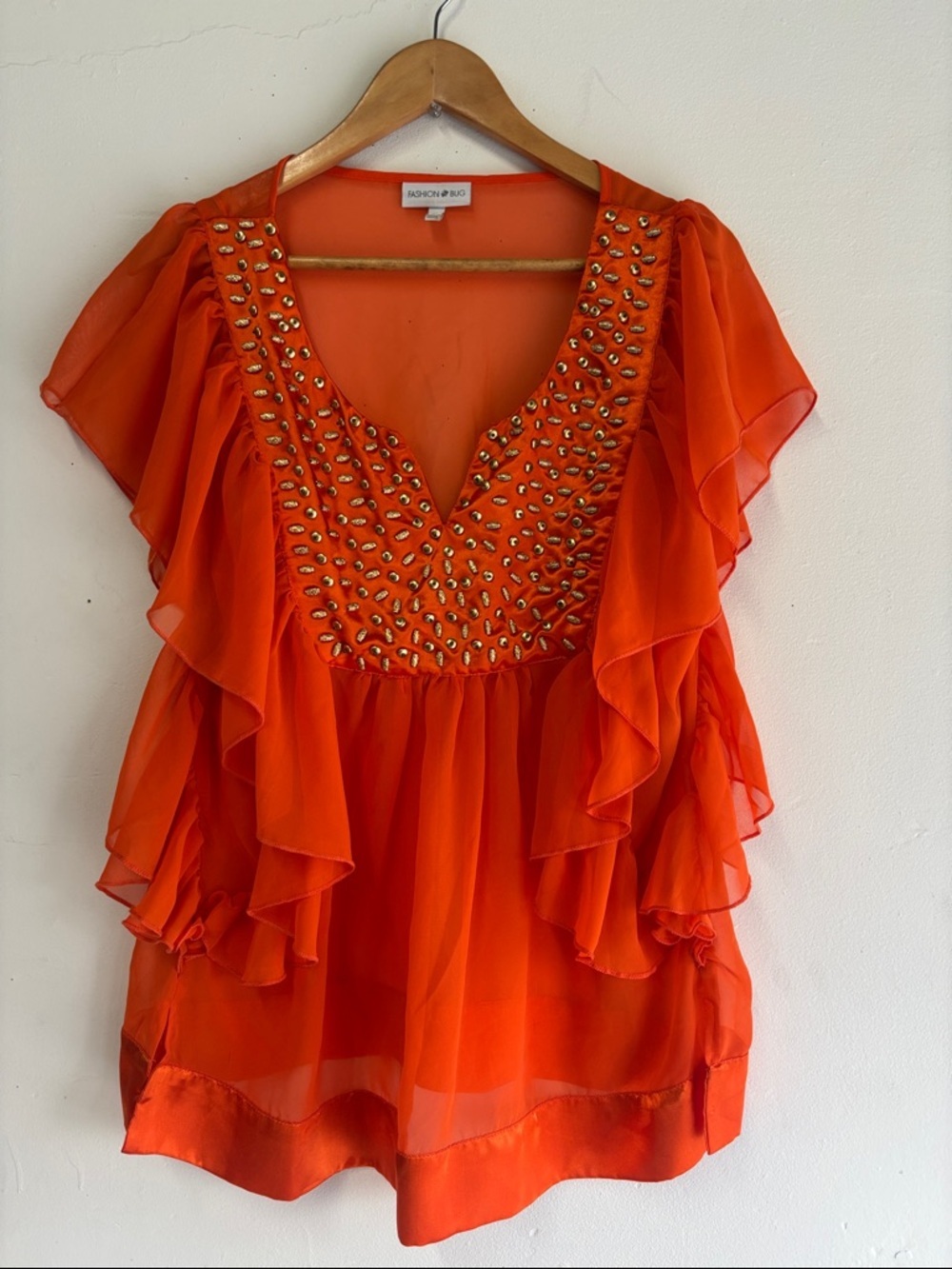 Semi sheer Orange Ruffle Blouse with Embellishments